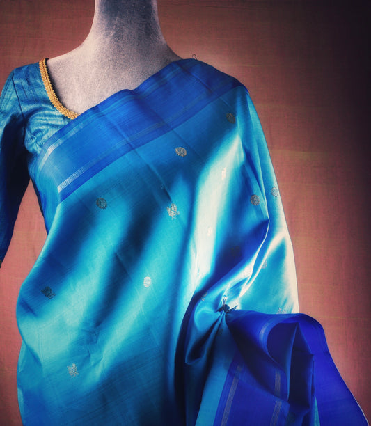 Kanjivaram Pure Silk Pure Zari Saree - Ananda Blue w/Ink Blue