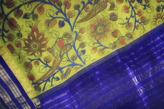 Kanjivaram Kalamkari Silk Cotton Saree Korvai Border -Yellow w/ Indigo