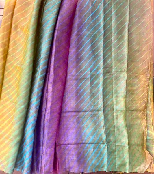 Hand crafted Leheria Tie-Dye Tussar Silk Saree - Multi color