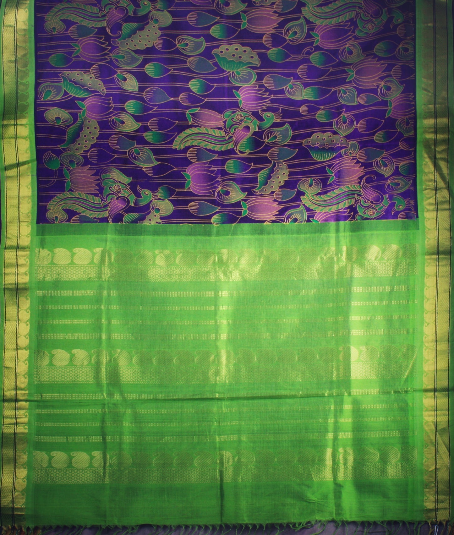 Kanjivaram Kalamkari Silk Cotton Saree Korvai Border - Purple w/ Light green