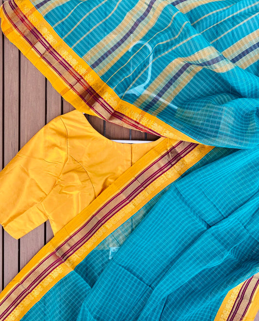 Narayanpet Handloom Saree - Teal checks w/ Mustard