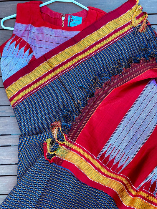 Ilkal Handloom Saree - Black checks w/ Red border