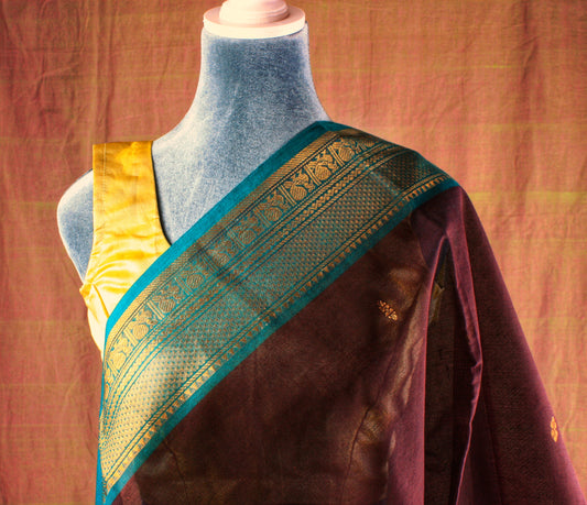 Chettinad Handloom Saree - Maroon w/ Blue