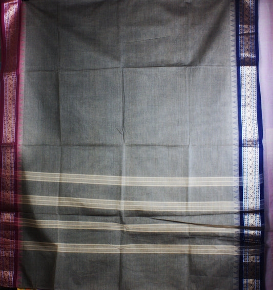 Chettinad Handloom Saree - Gray w/ Black, Pink