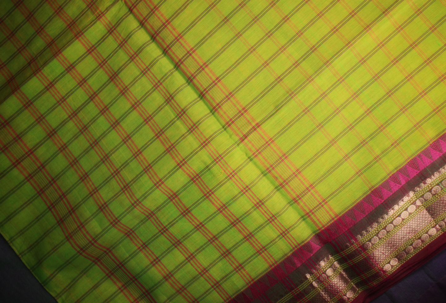 Chettinad Handloom Saree - Light Green w/ Pink Checks