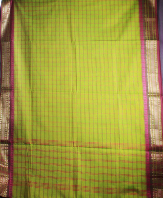 Chettinad Handloom Saree - Light Green w/ Pink Checks