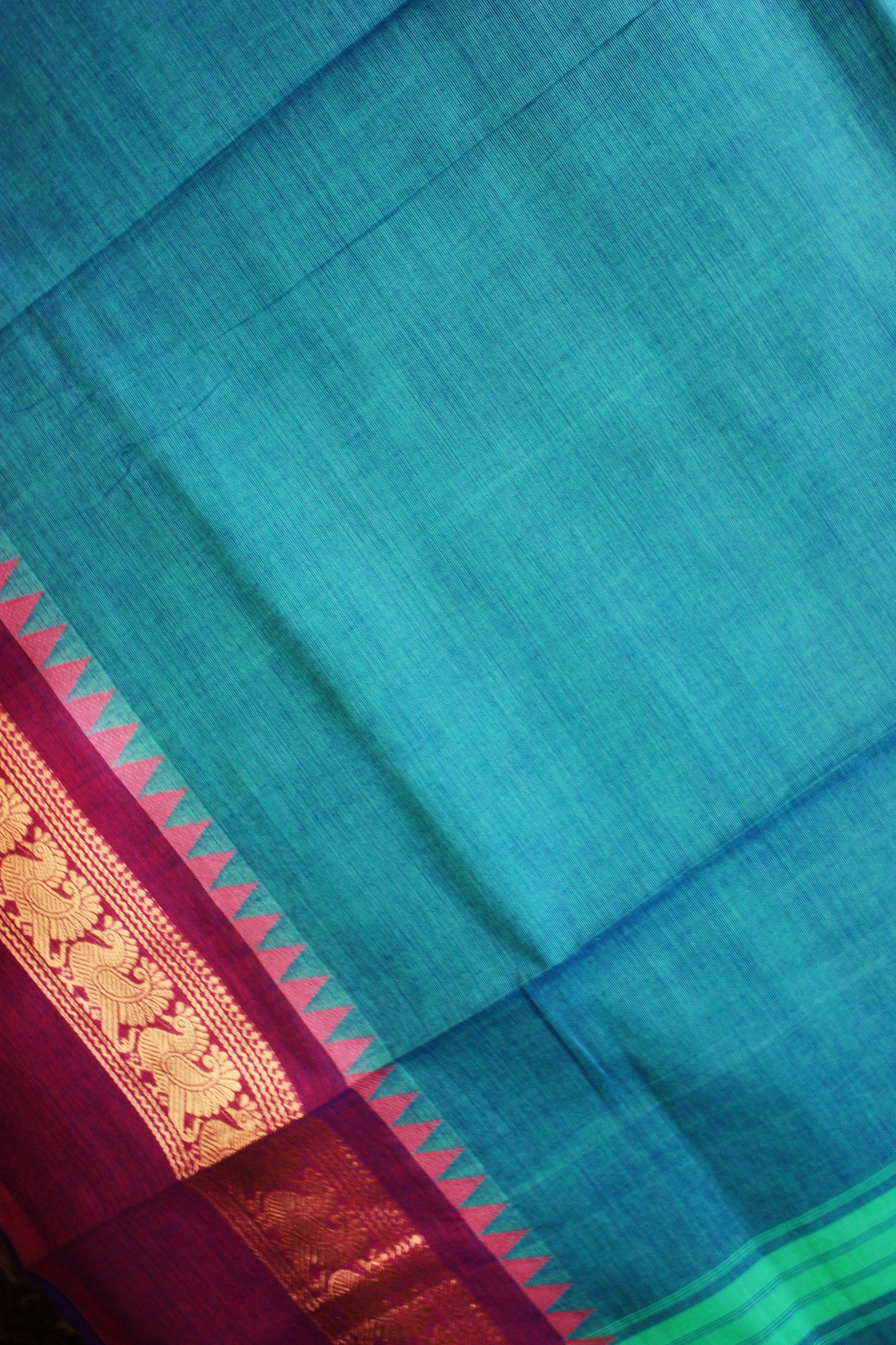 Chettinad Handloom Saree - Turquoise Blue w/ Blue, Majenta