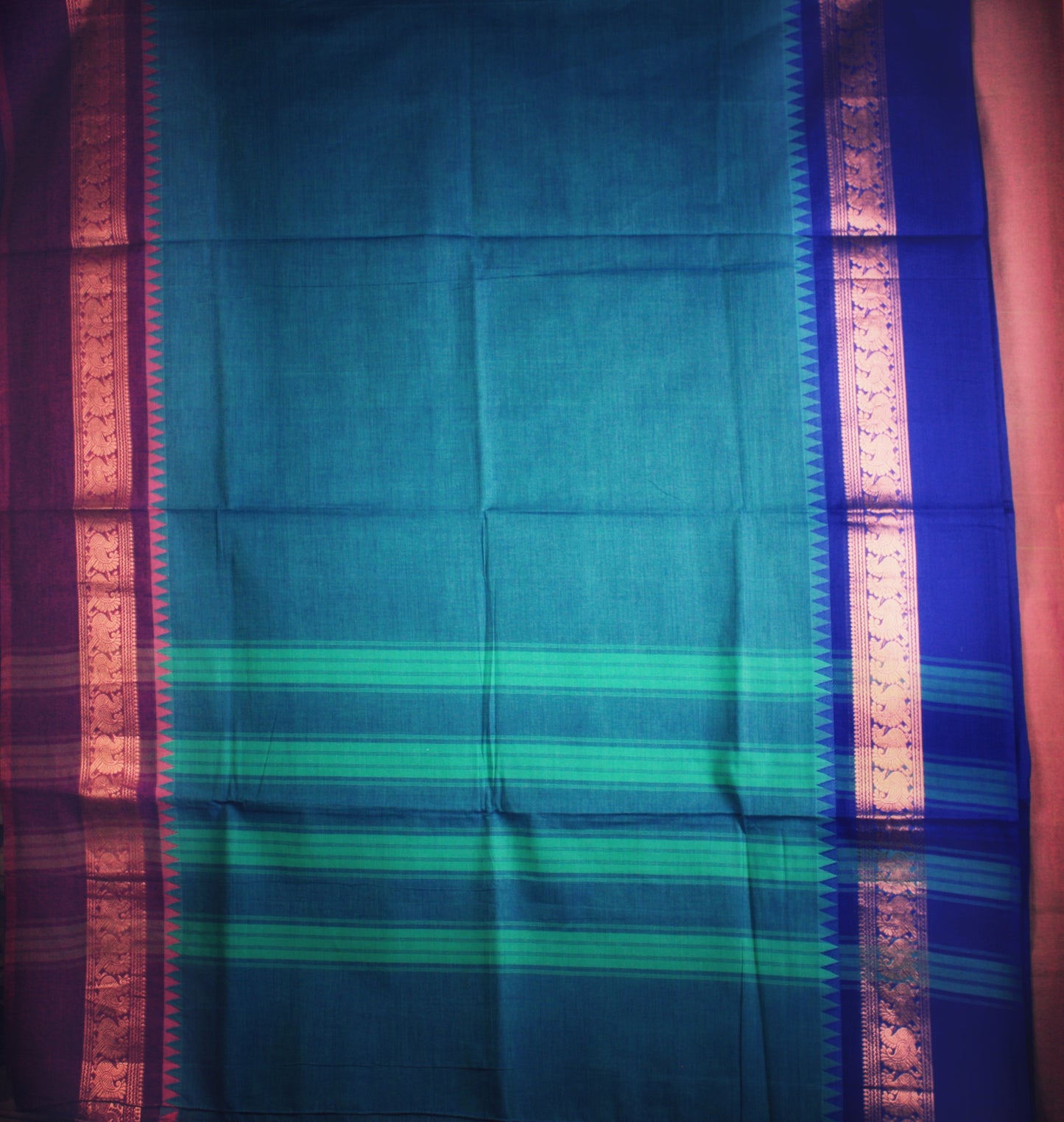 Chettinad Handloom Saree - Turquoise Blue w/ Blue, Majenta