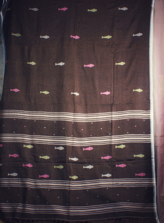 Muslin Jamdani Handloom Saree - Brown