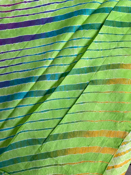 Hand crafted Leheria Tie-Dye Tussar Silk Saree - Neon Green