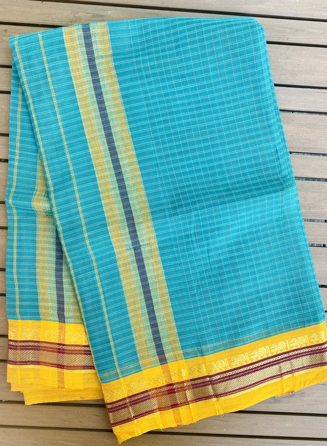 Narayanpet Handloom Saree - Teal checks w/ Mustard