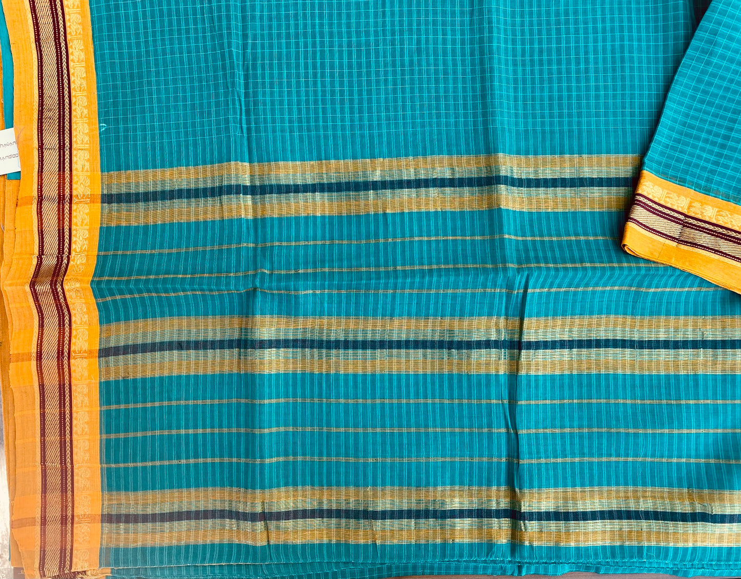 Narayanpet Handloom Saree - Teal checks w/ Mustard